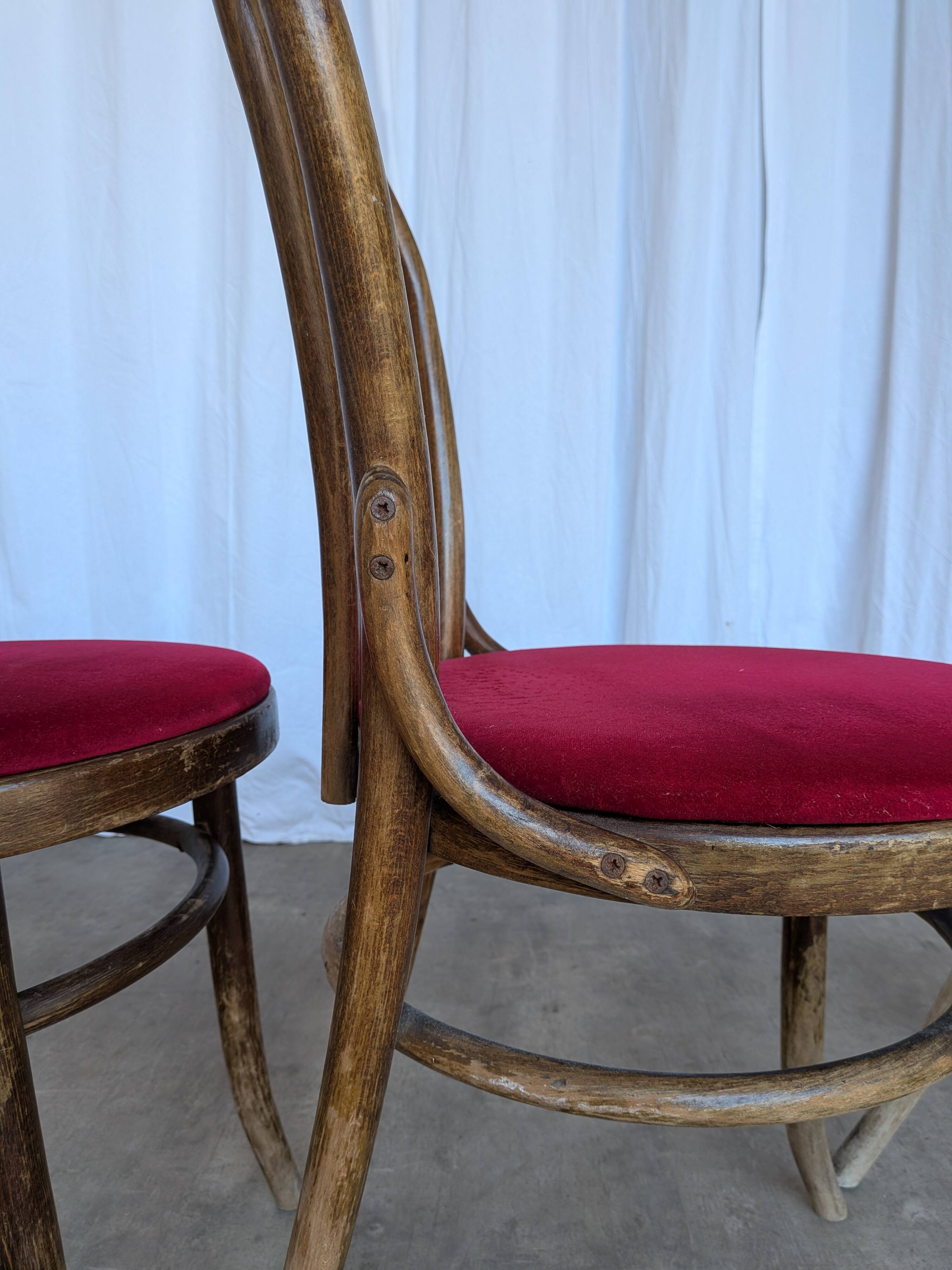 Set of 4 Vintage Bentwood Bistro Chairs, Red Upholstery