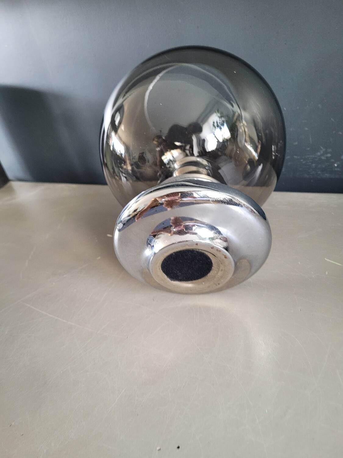 Outdoor glass candle holder in smoked glass and chrome