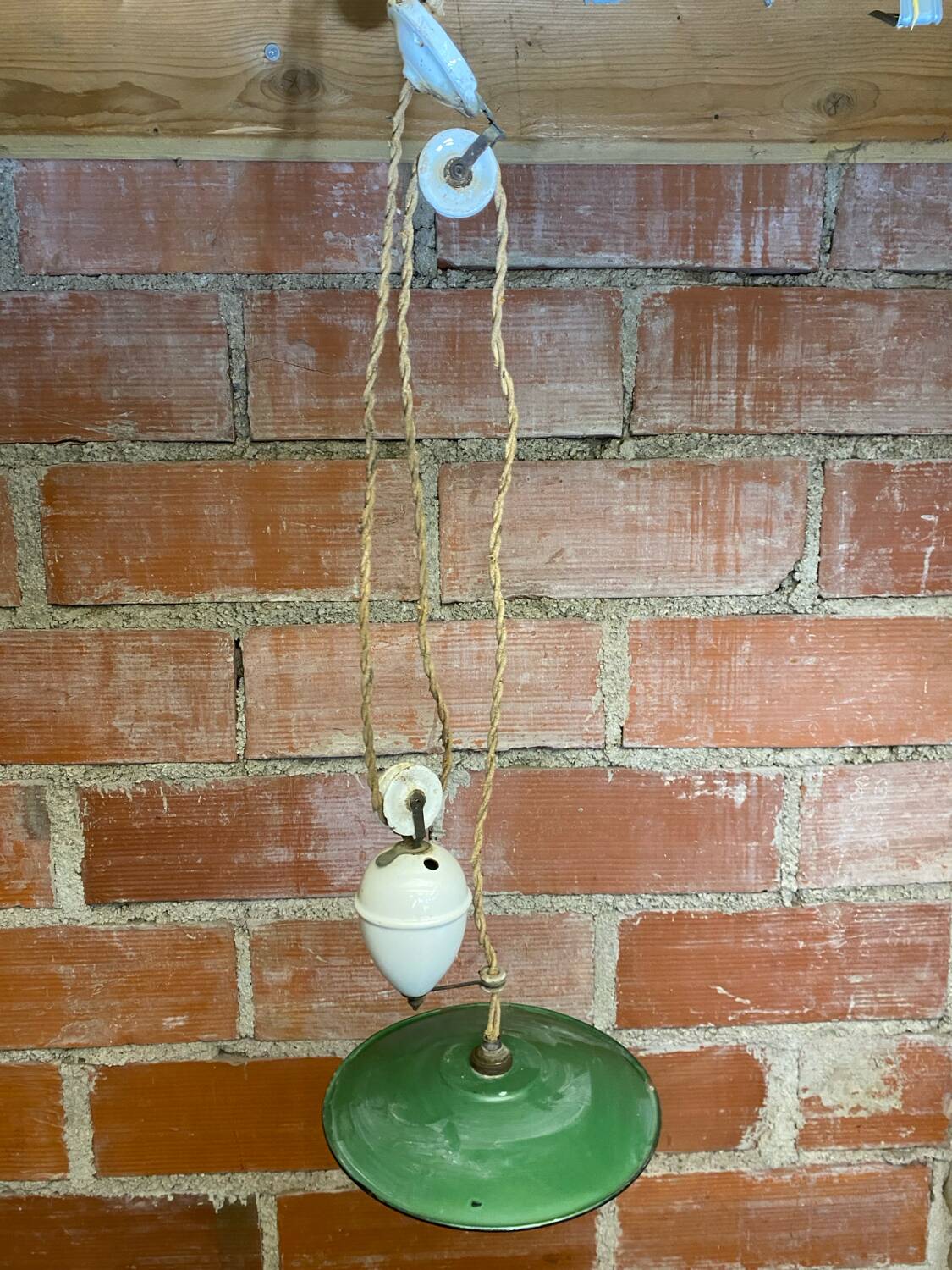 Industrial pendant light, mounted and lowered, green metal + vintage porcelain