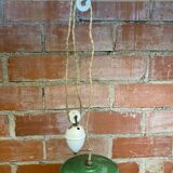 Industrial pendant light, mounted and lowered, green metal + vintage porcelain