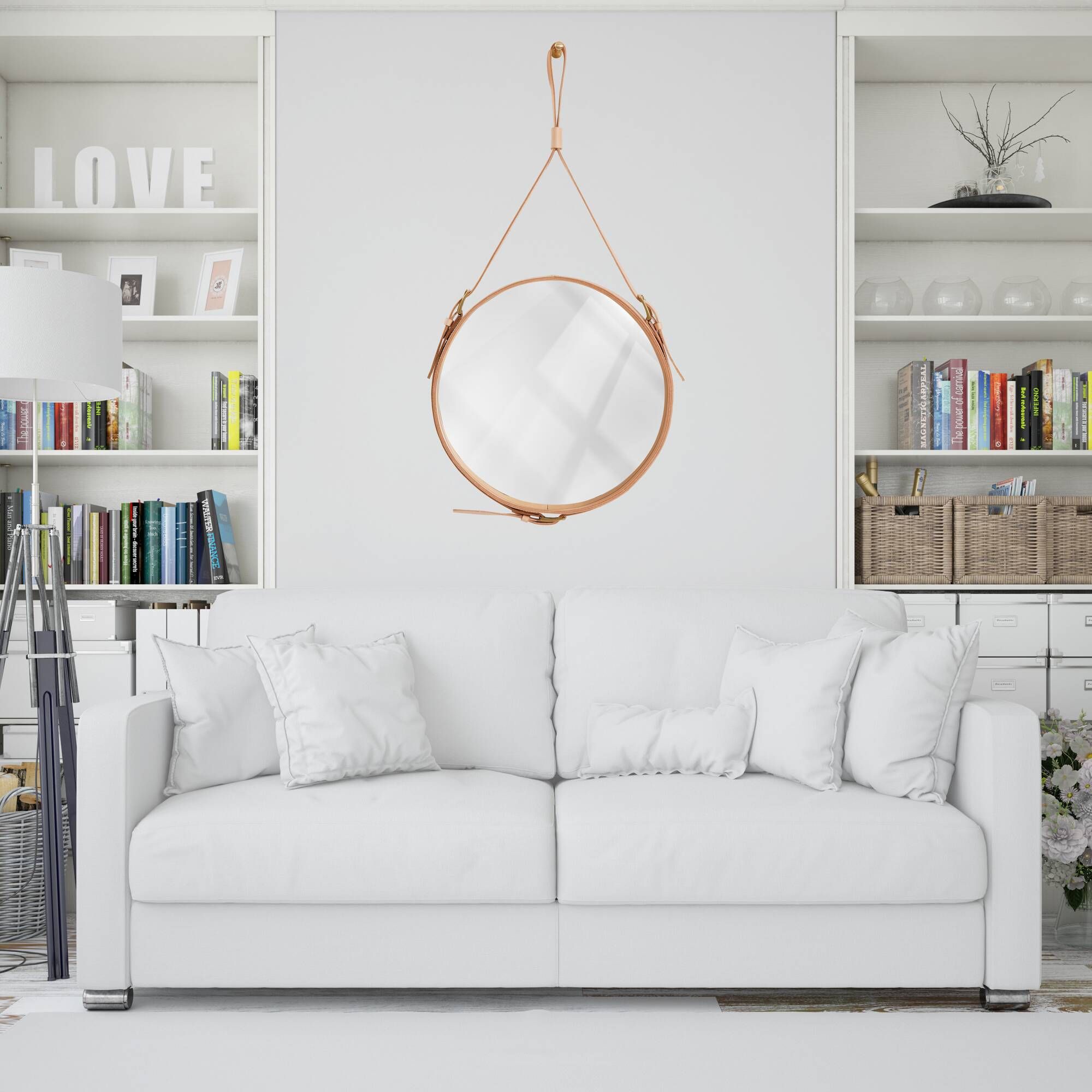 Handmade J. Adnet style mirror in natural vegetable-tanned leather, ø 70 cm