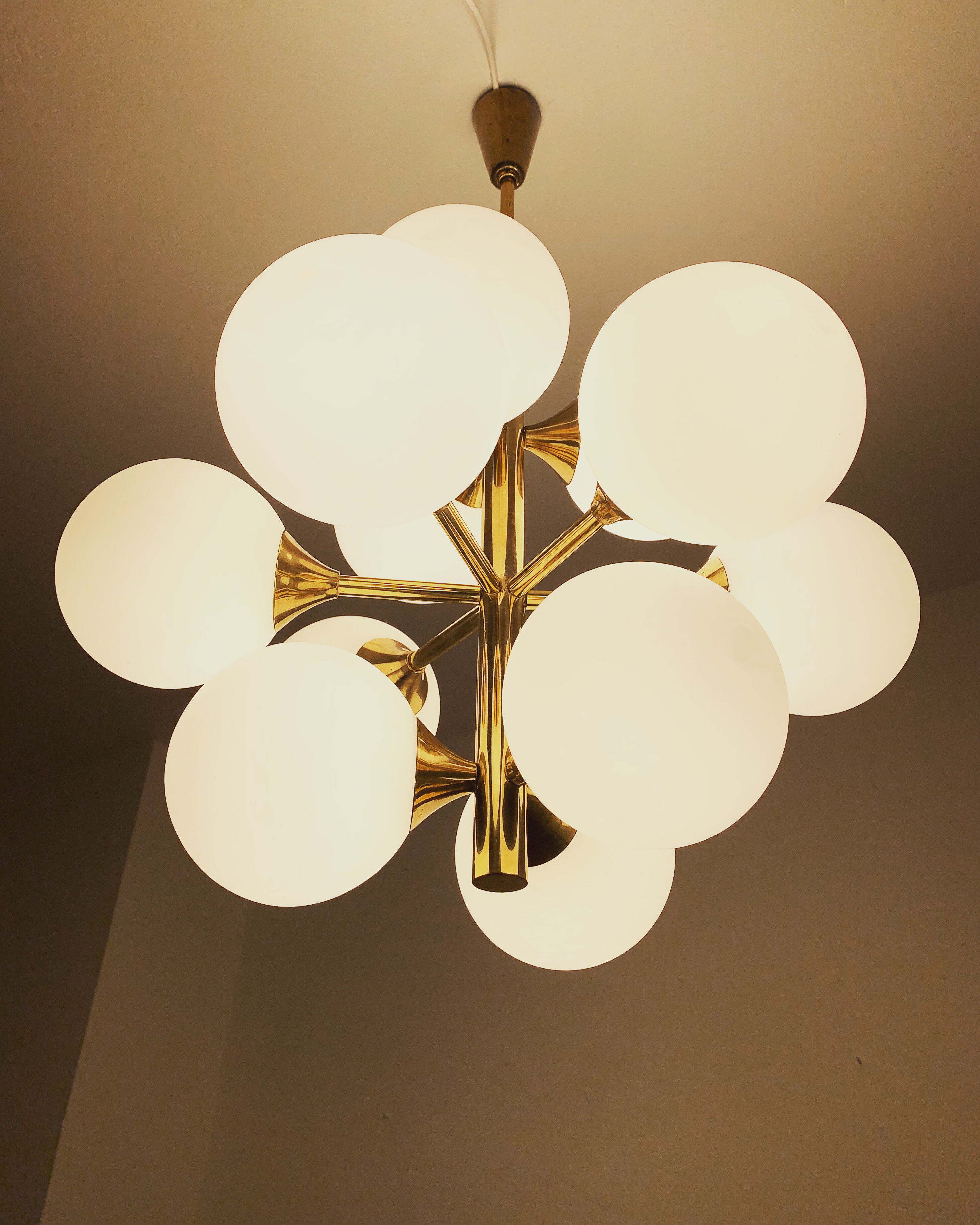 Mid-Century Modern brass and opaline glass Sputnik chandelier