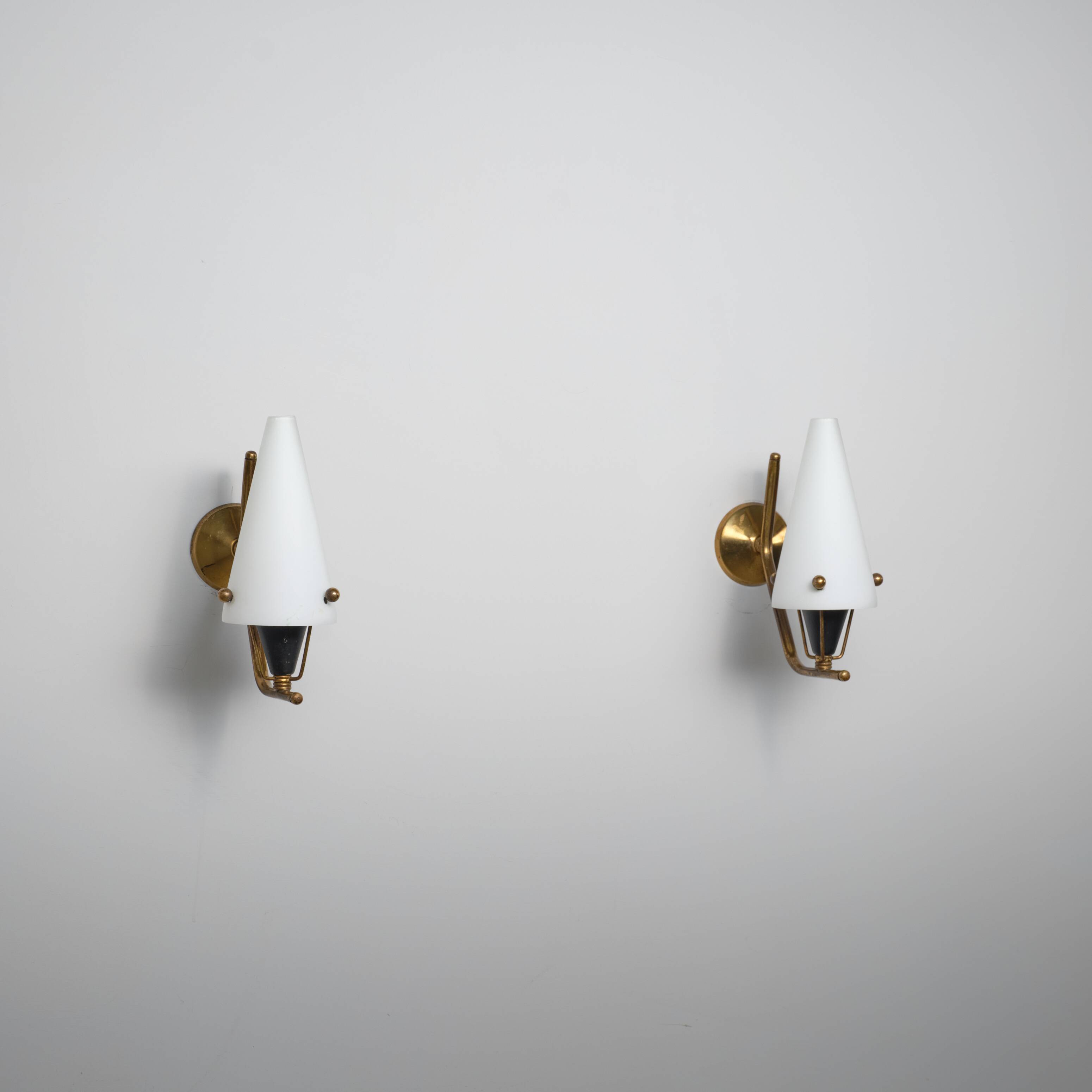 Pair of 1950s Italian Brass Sconces with Conical Opaline Glass Shades