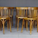 Set of 10 1960s curved wood bistro chairs ready for service