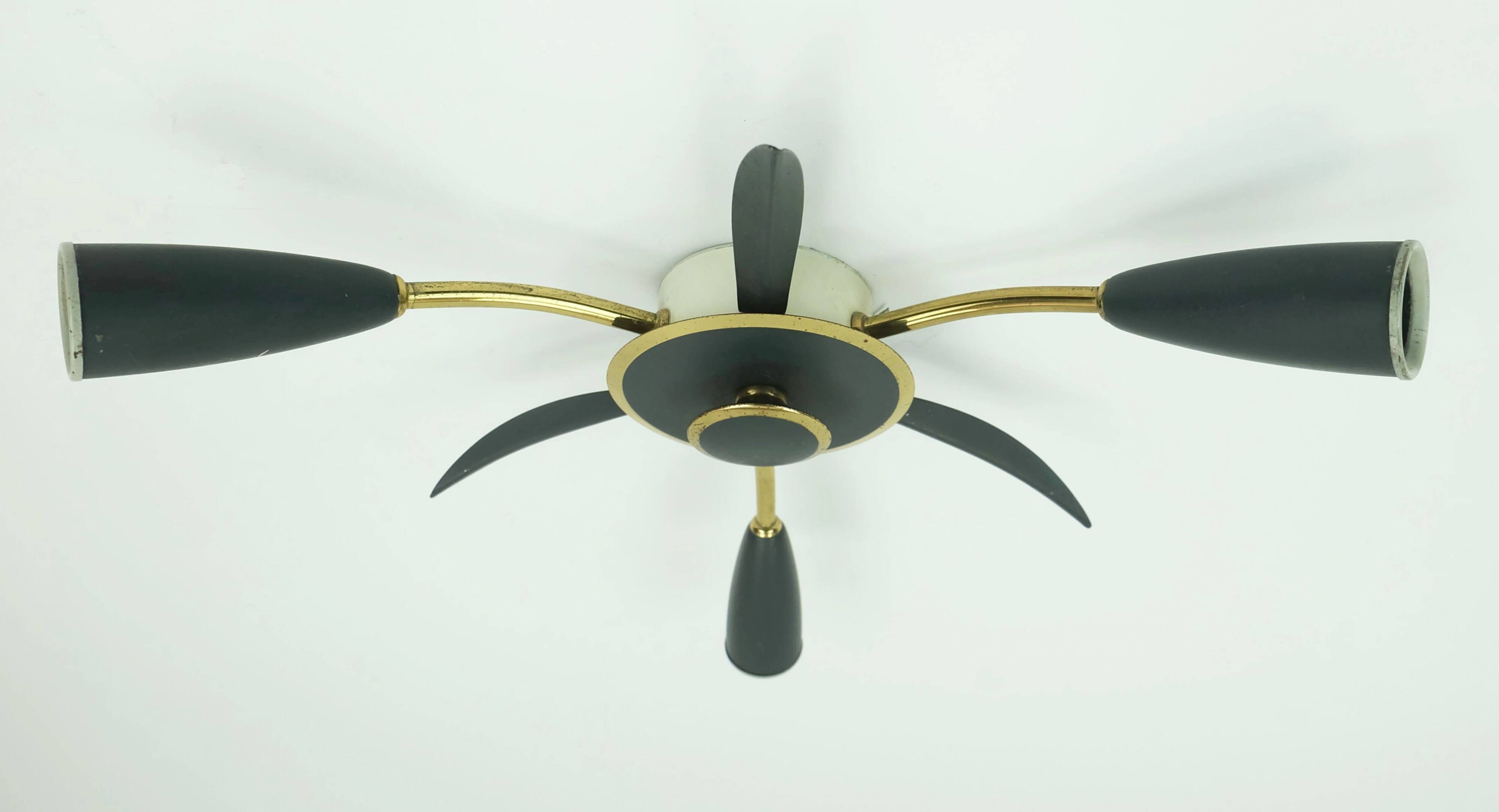 1950s mid century sputnik 3-light CEILING FIXTURE brass and dark grey metal