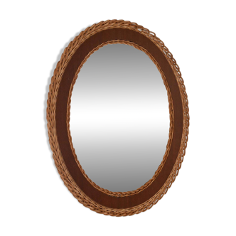 Miroir ovale scandinave en teck et rotin tressé – années 1960/70