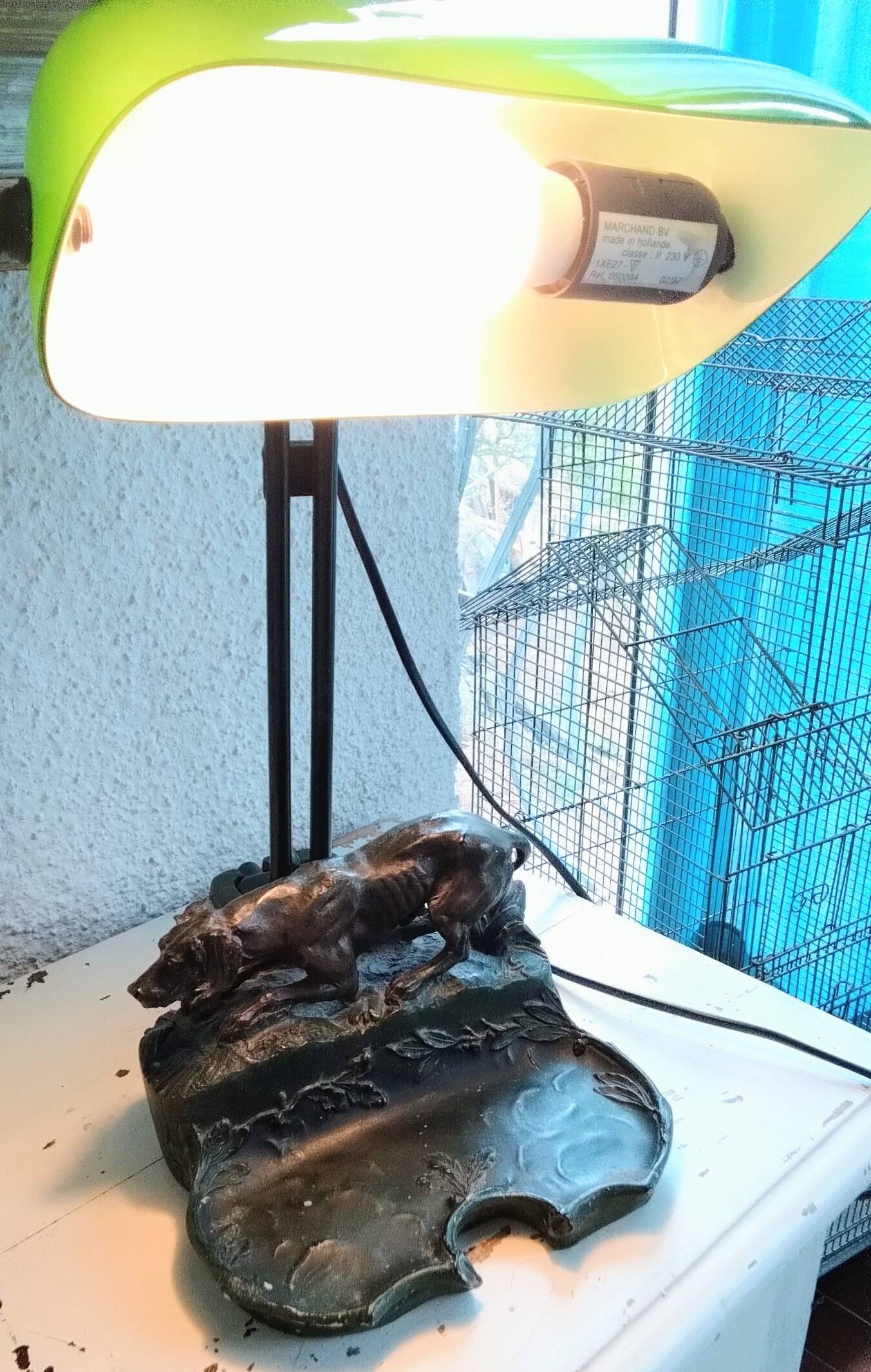 Banker's lamp with dog