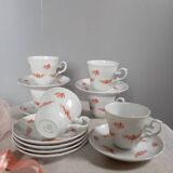 6 flowery white Bavarian porcelain cups & saucers, Seltmann Weiden 1950