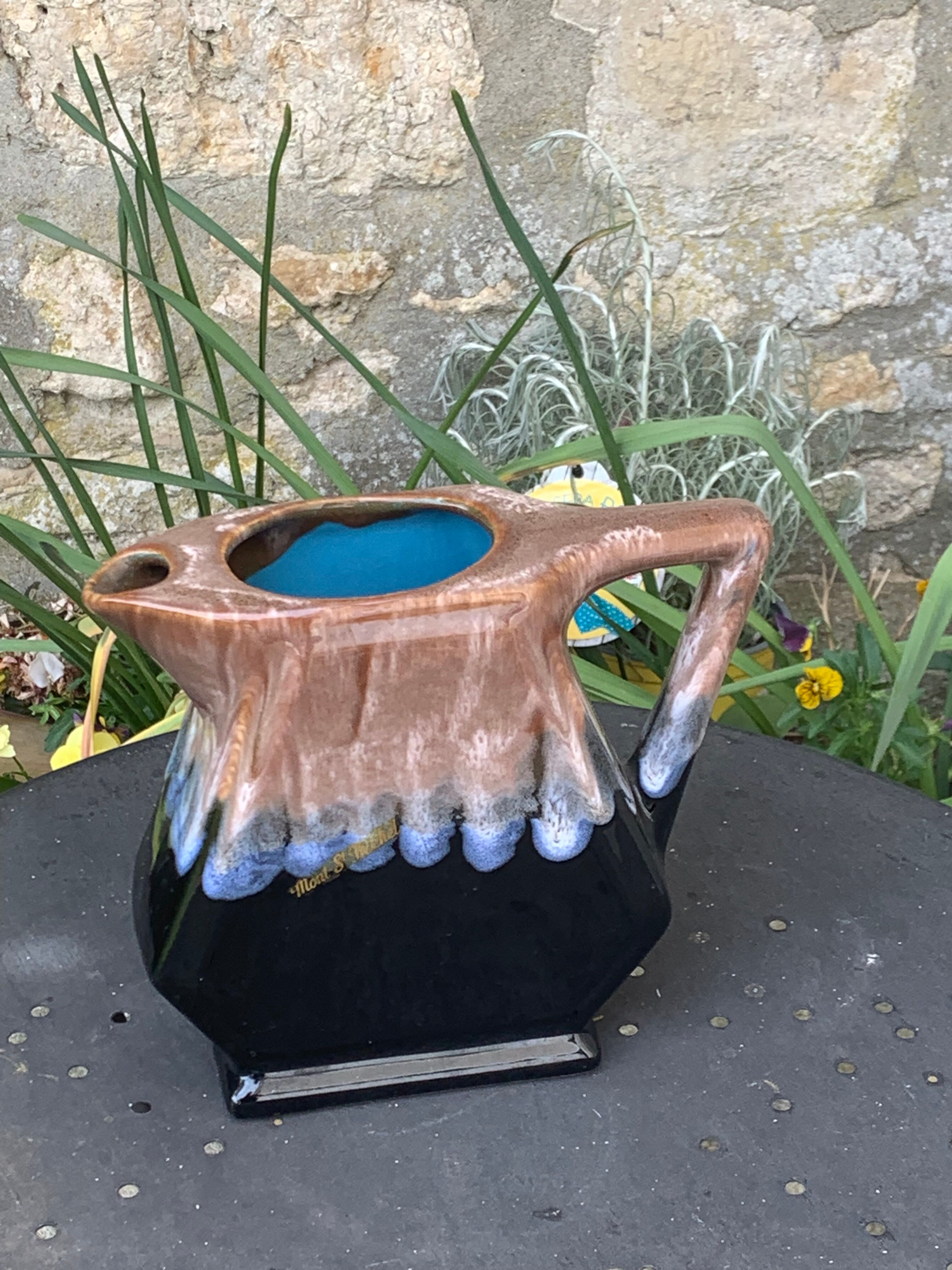 Decanter pitcher in blue and beige glazed ceramic vintage