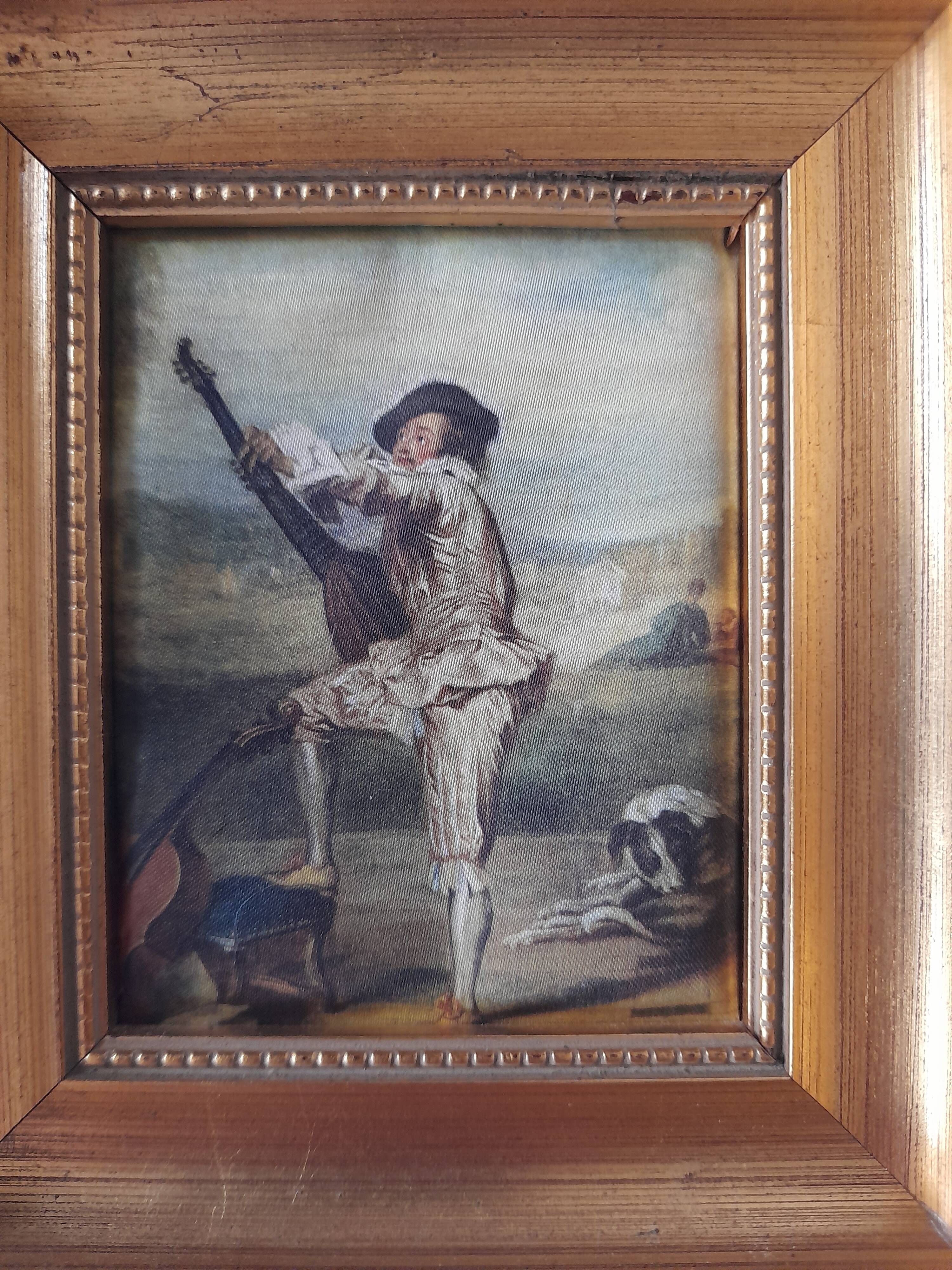 Old golden frame "lute player" on silk