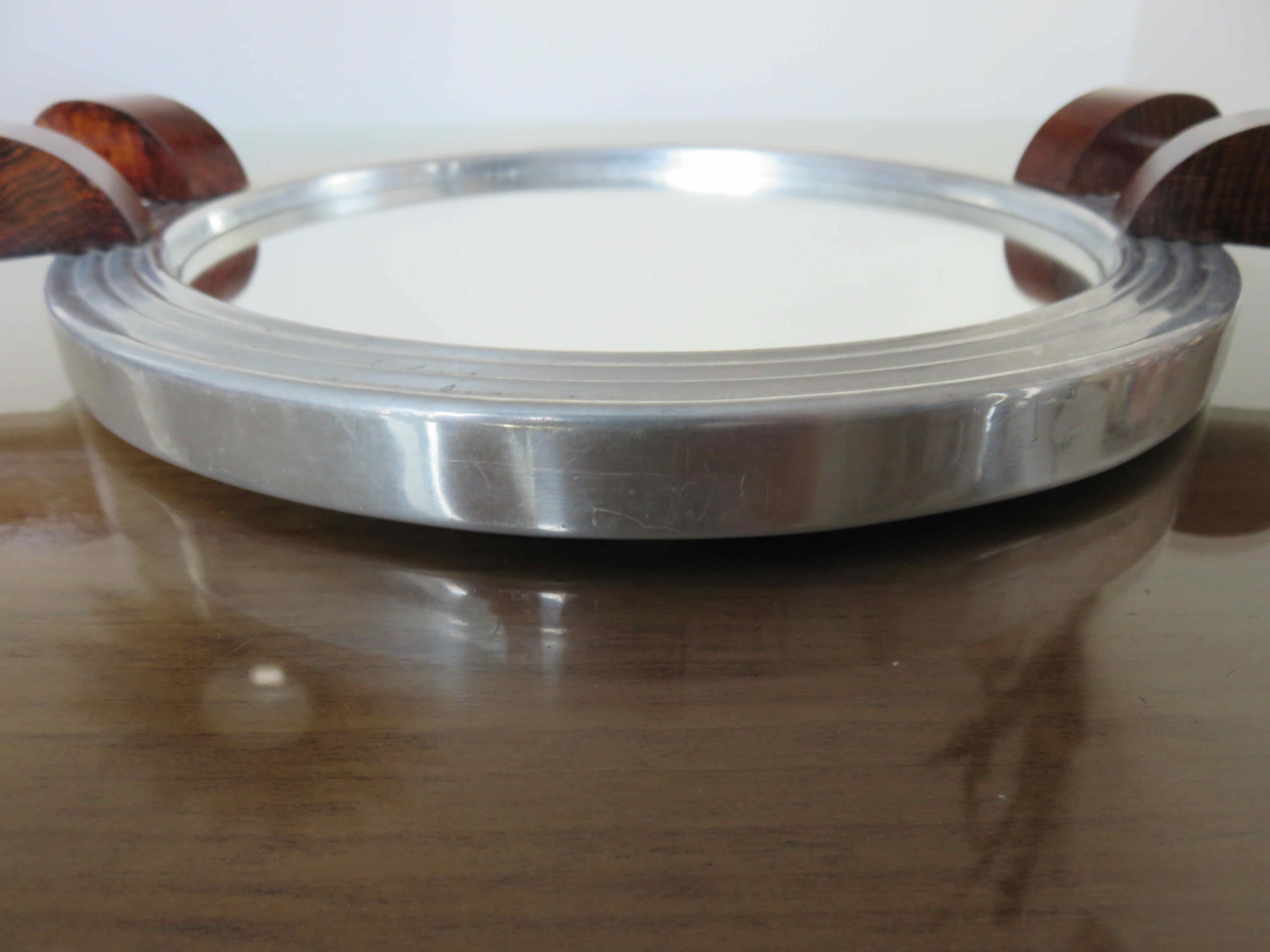 Plateau miroir en palissandre et aluminium Art Deco années 40 50