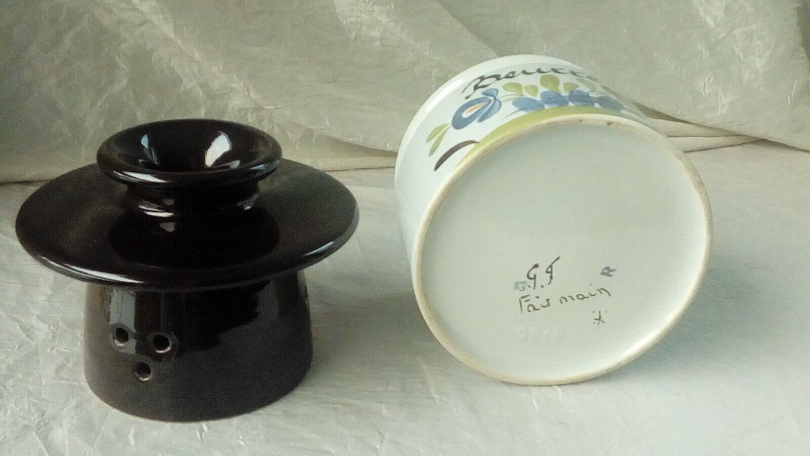 Water butter dish in faiece desvres gabriel fourmaintreau decor chaumiere