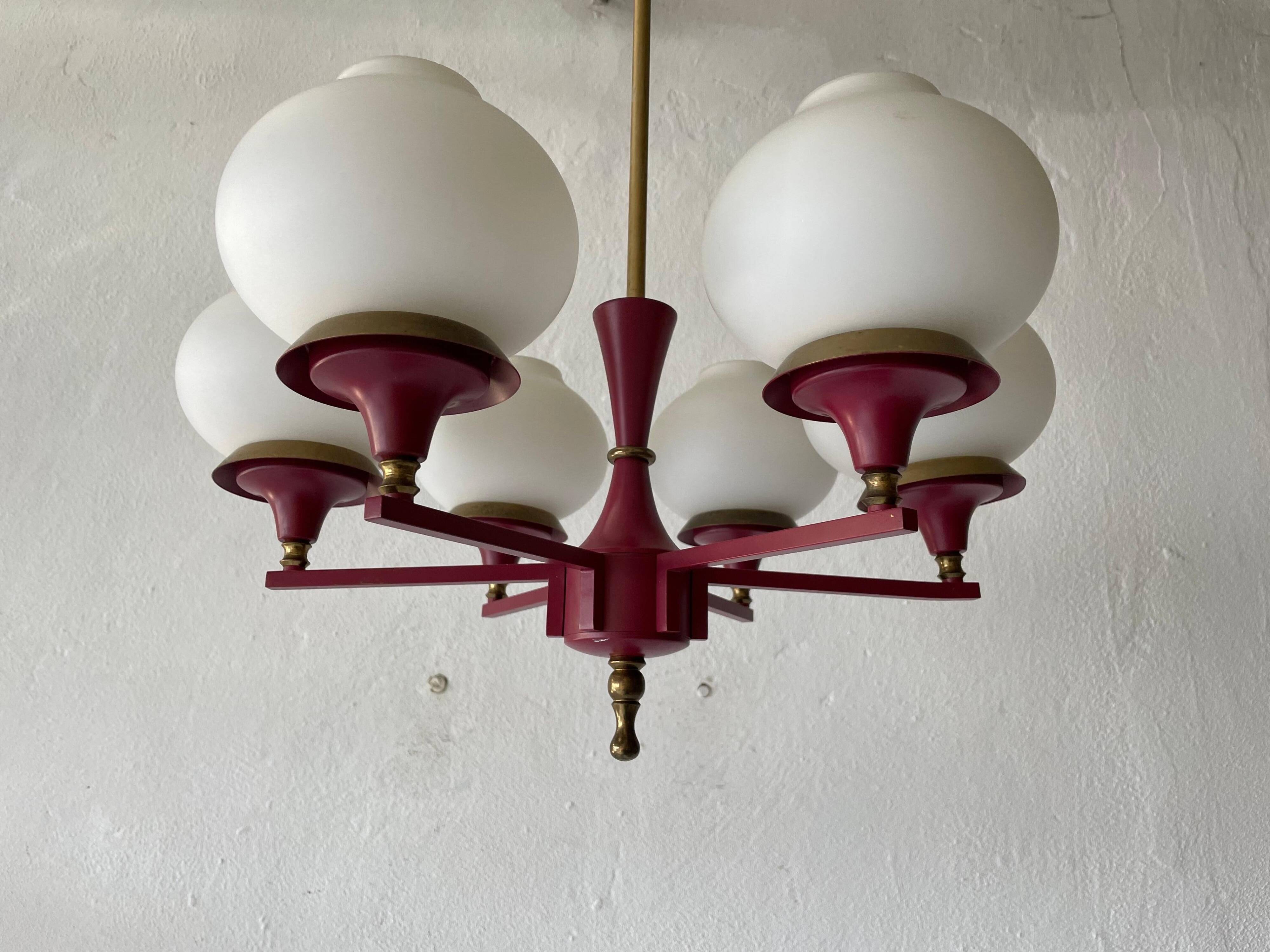 6 pendant lamps in glass and burgundy brass by Hans-Agne Jakobsson, 1960s, Sweden