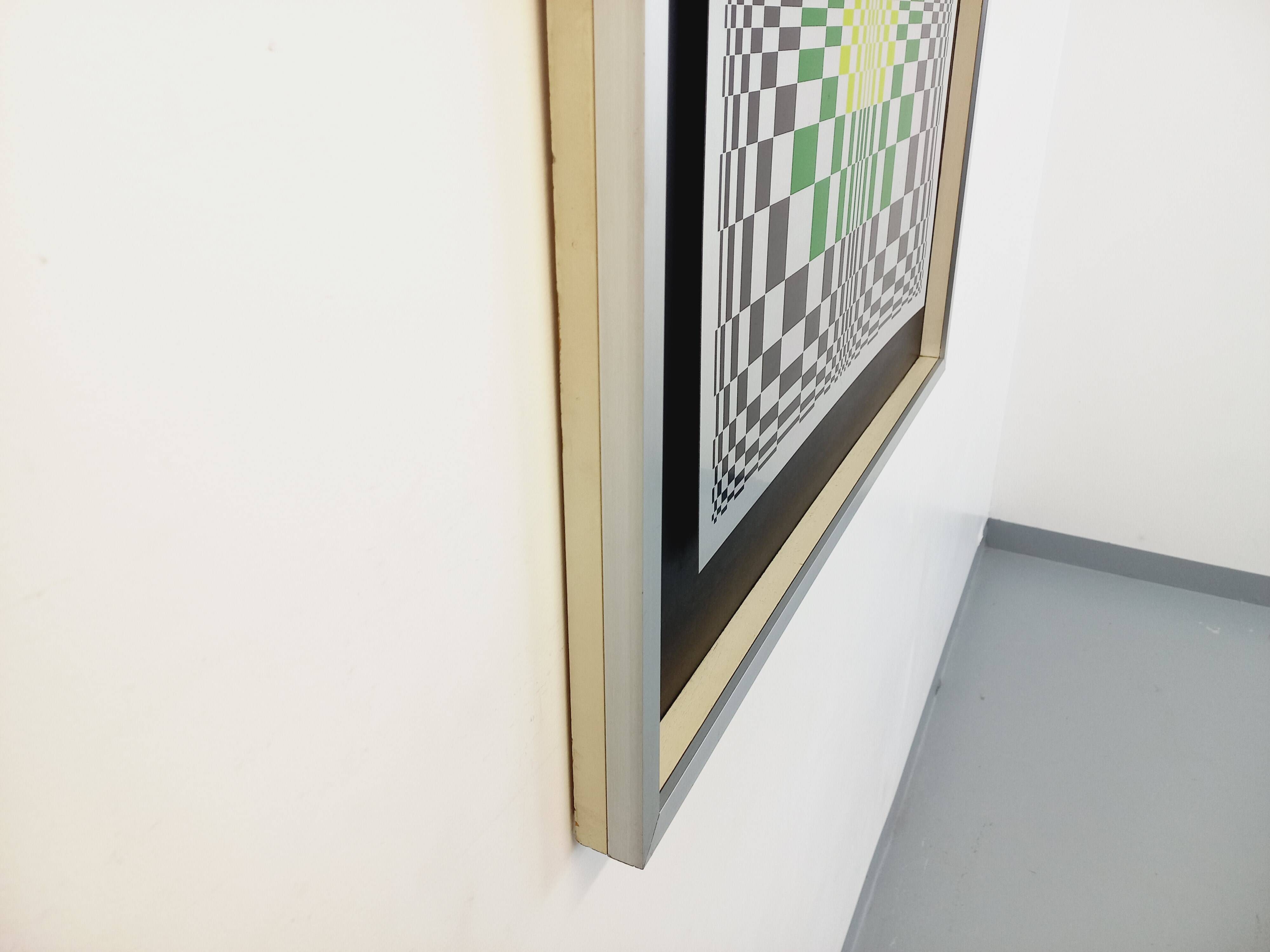 Typical silkscreen painting in kinetic checkerboard on aluminum, Italian abstract design in Vasarely style