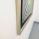 Typical silkscreen painting in kinetic checkerboard on aluminum, Italian abstract design in Vasarely style