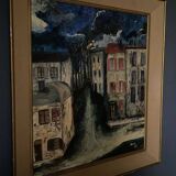 Huile sur panneau par Mick représentant une rue la nuit 1965