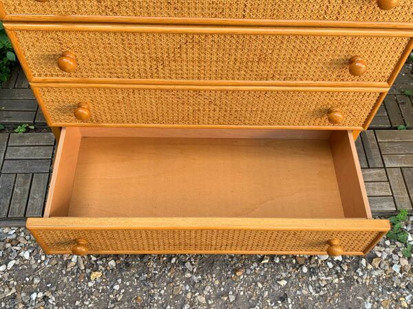 Commode et son chevet en rotin cannage et chêne vintage 1970