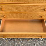 Chest of drawers and bedside table in rattan cane and oak, vintage 1970s