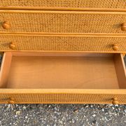 Dresser and its bedside table in rattan caning and vintage oak from the 1970s.