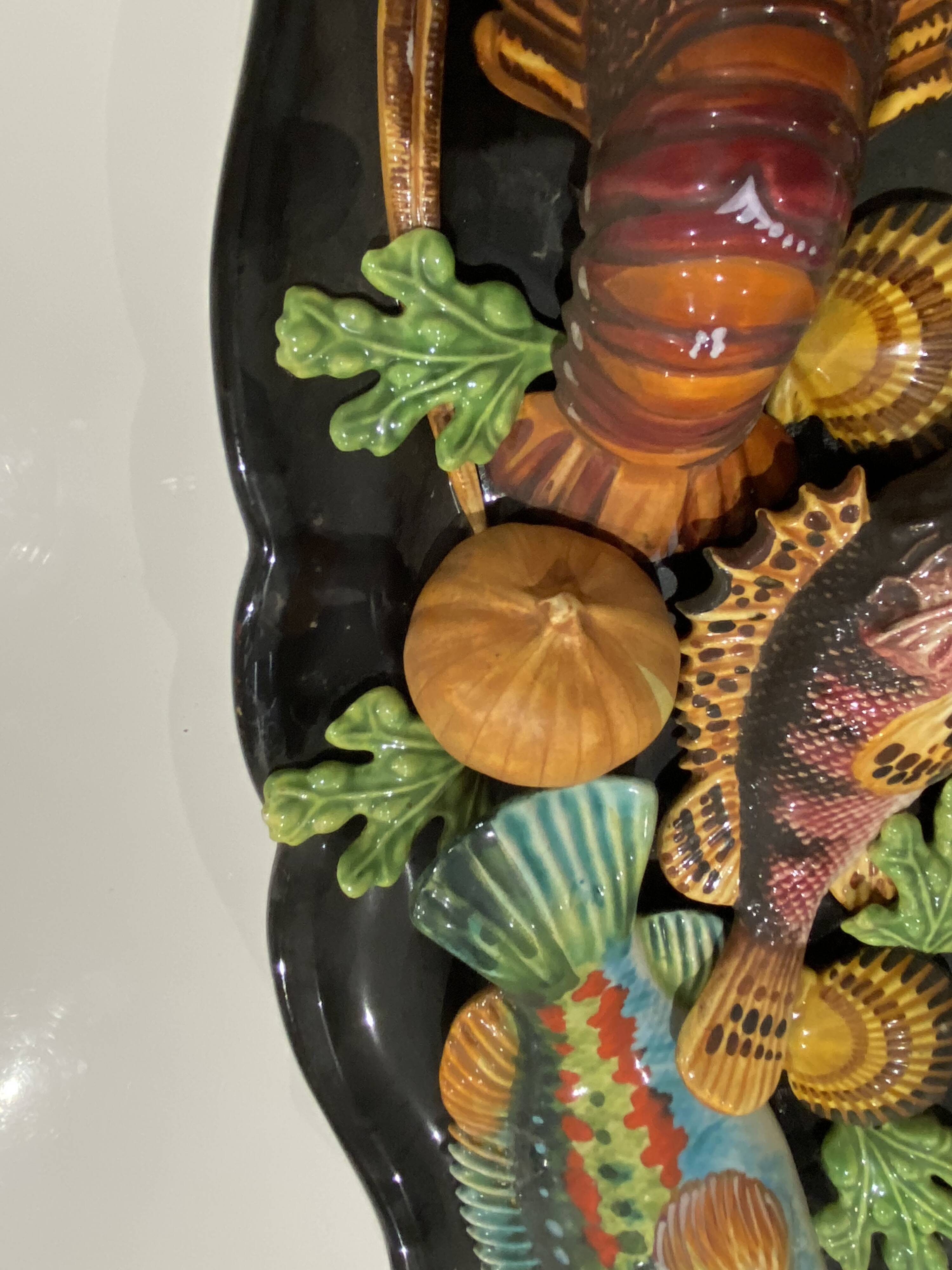 Large oval wall plate in Palissy majolica from Vallauris