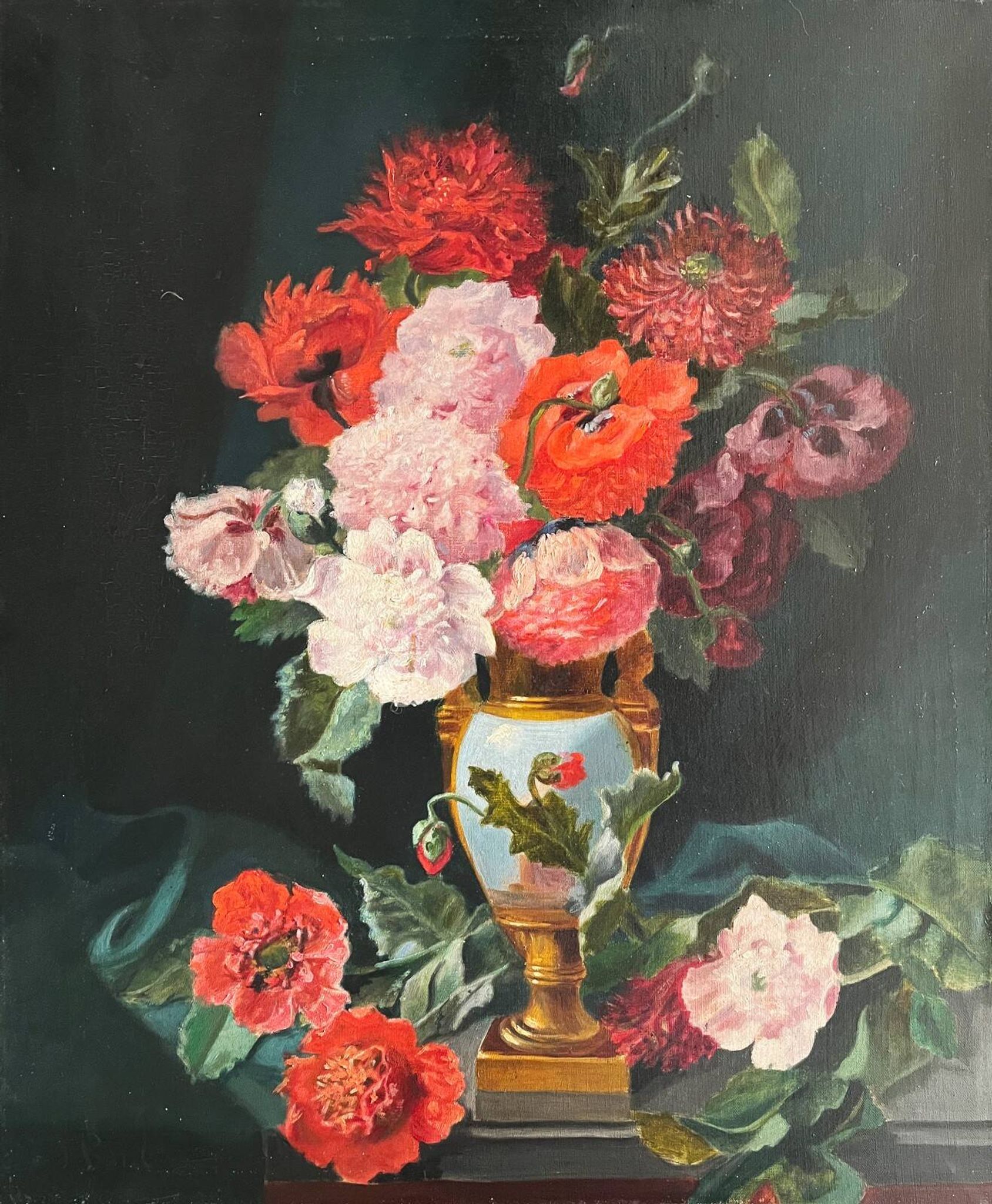 Tableau HST "Bouquet de fleurs sur entablement" signé fin XIX° siècle