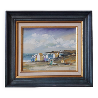 Antique oil painting depicting a seaside scene