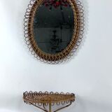 Mid-Century Shelf Console Table with Wall Mirror in rattan and bamboo. Italy 1960s