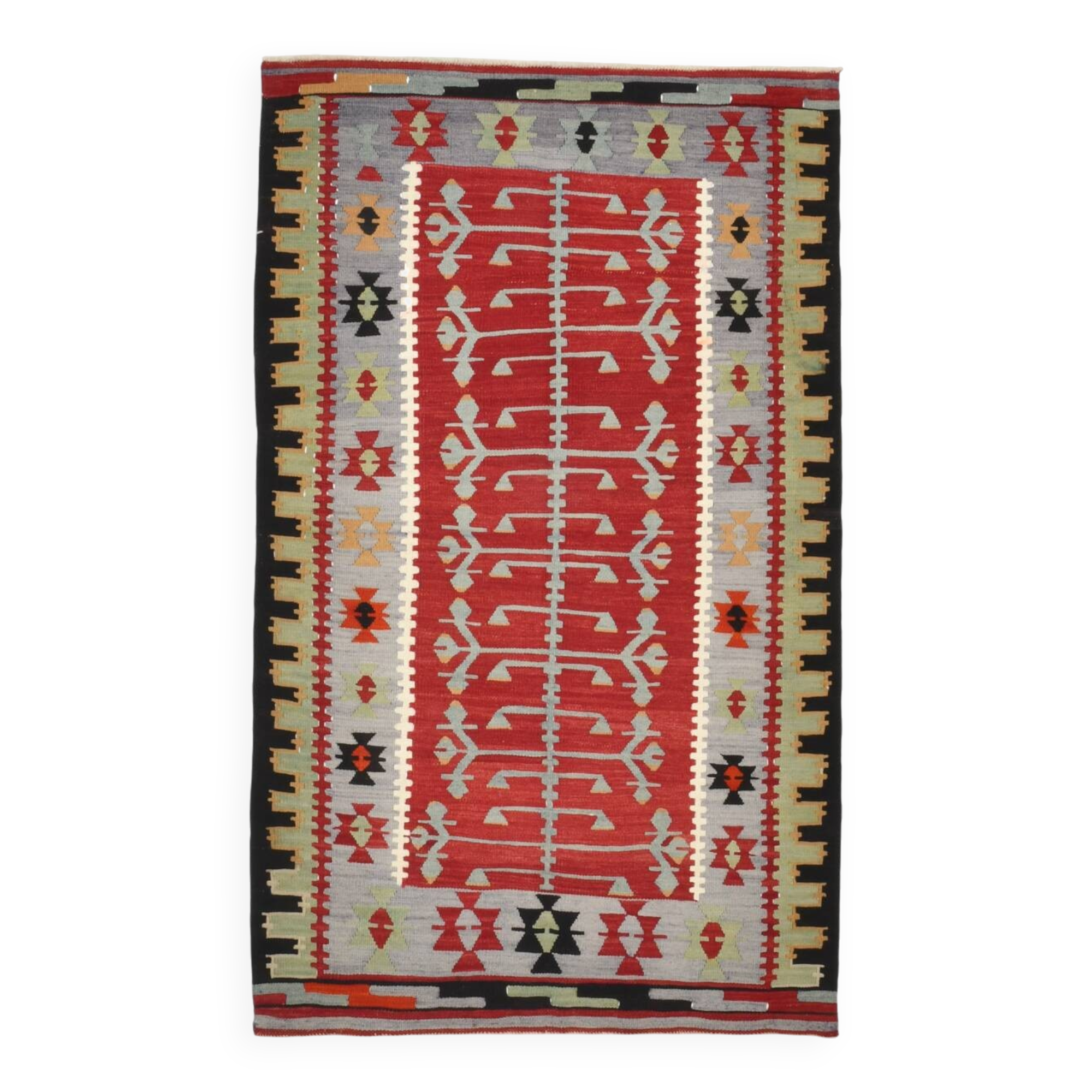 3x5 Red Green Tribal Vintage Kilim Rug, 88x147Cm