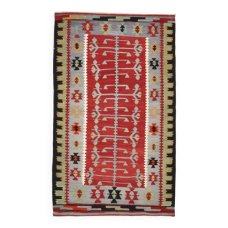 Tapis Kilim tribal vintage rouge et vert 3x5, 88x147 cm