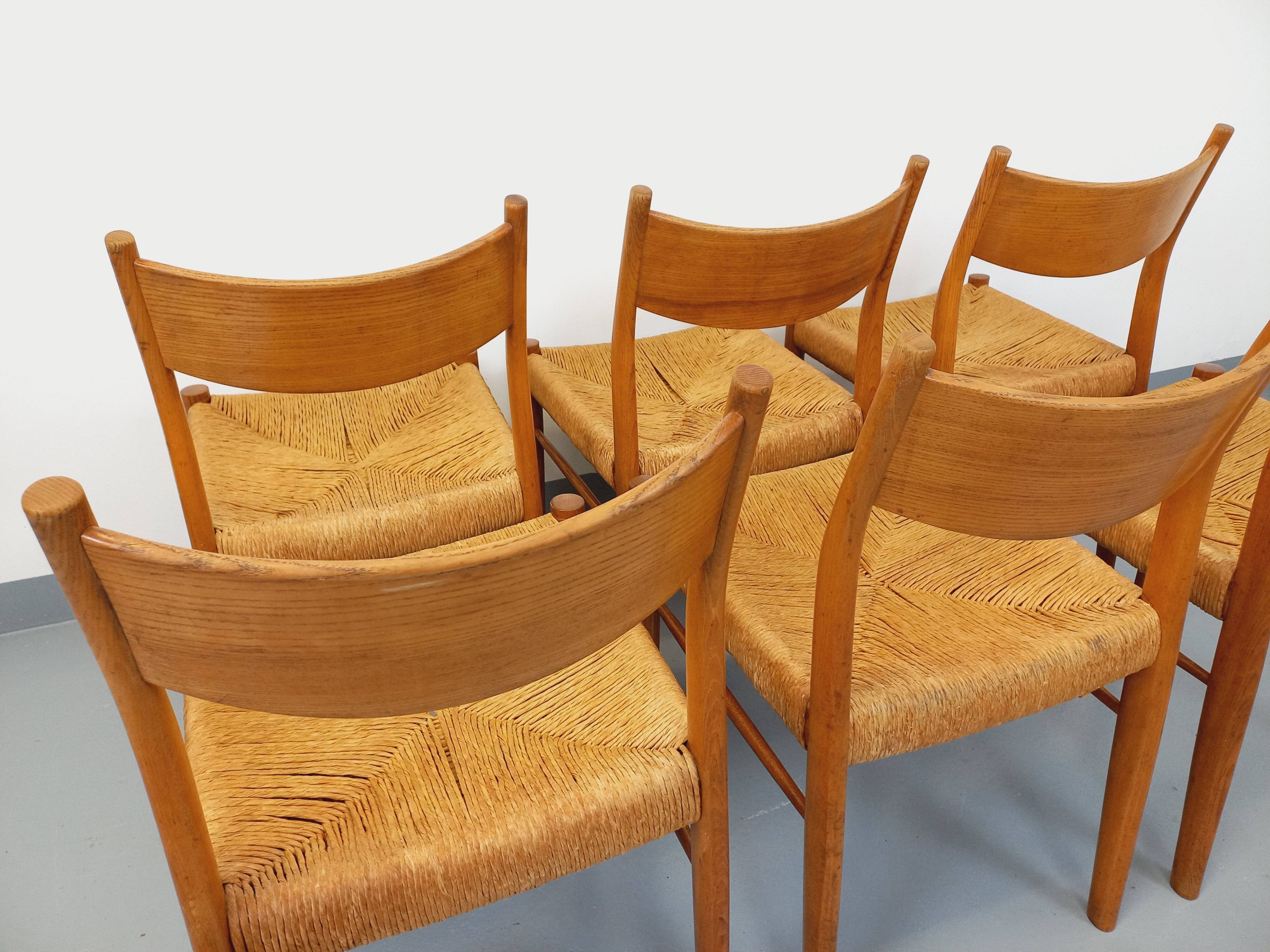 Set of 6 vintage teak Danish rope chairs Gessef Consorzio Sedie Friuli