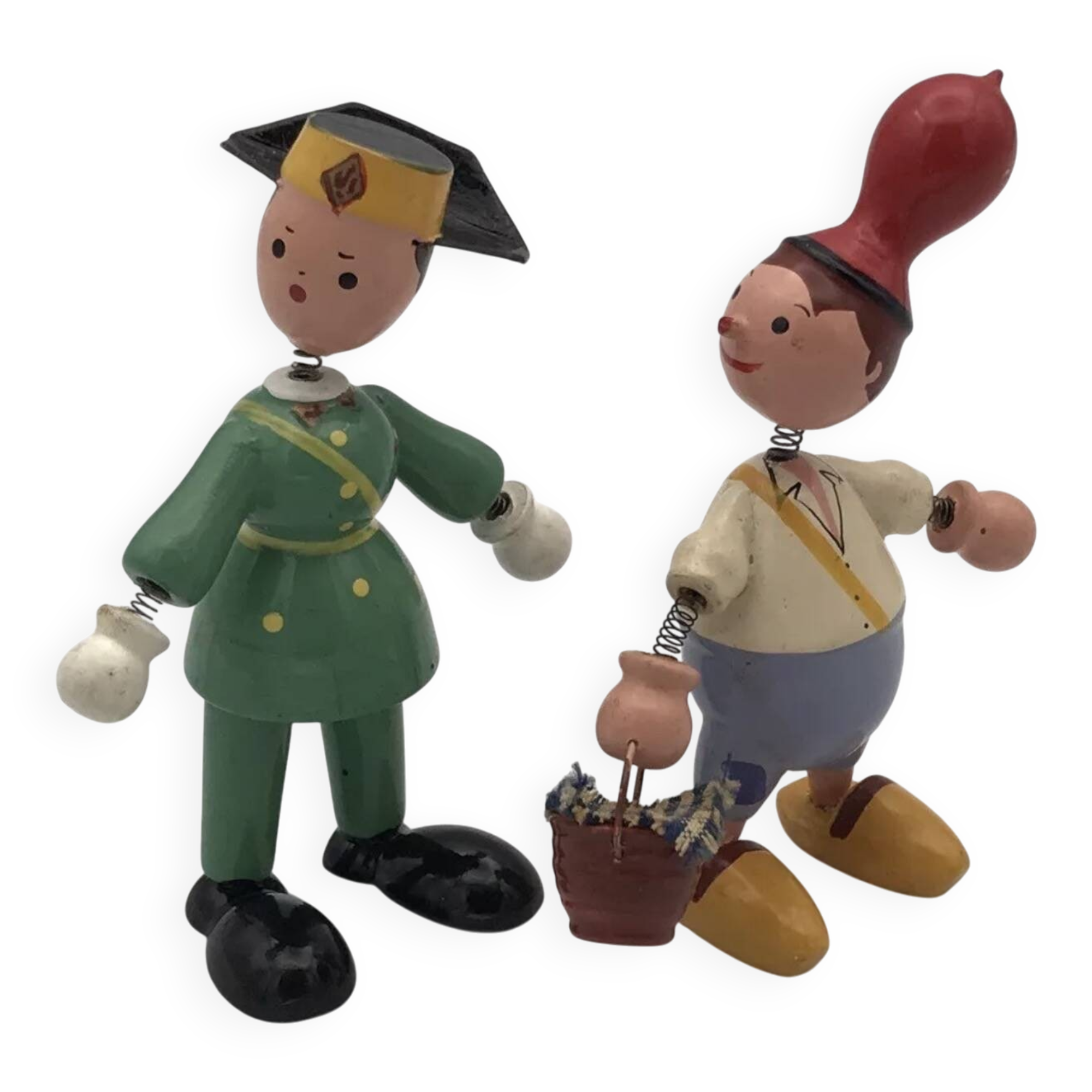 Set of 2 vintage GOULA wooden toy figurines with spring.