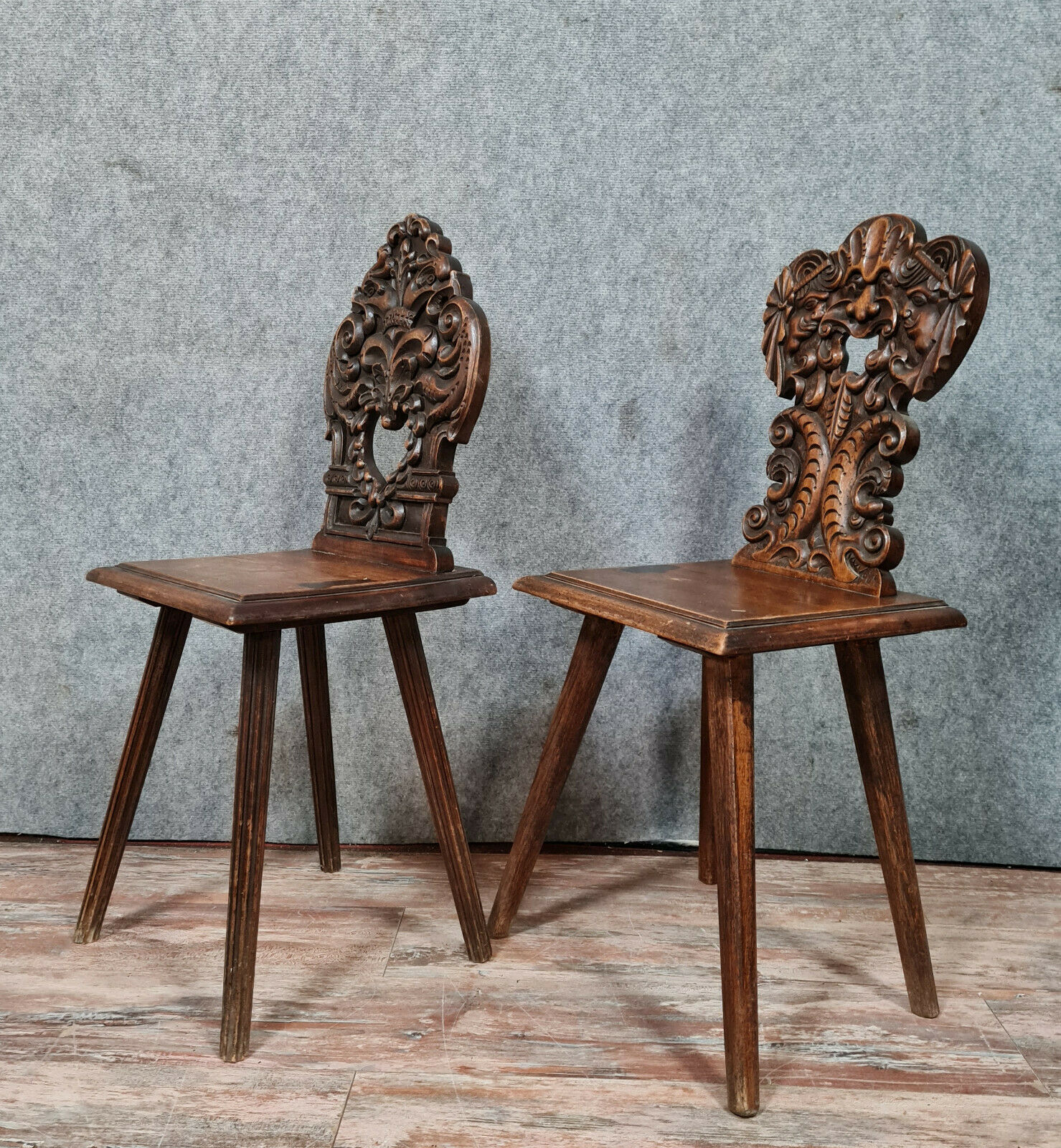 Set of chairs called Sgabello Renaissance style in solid walnut around 1850