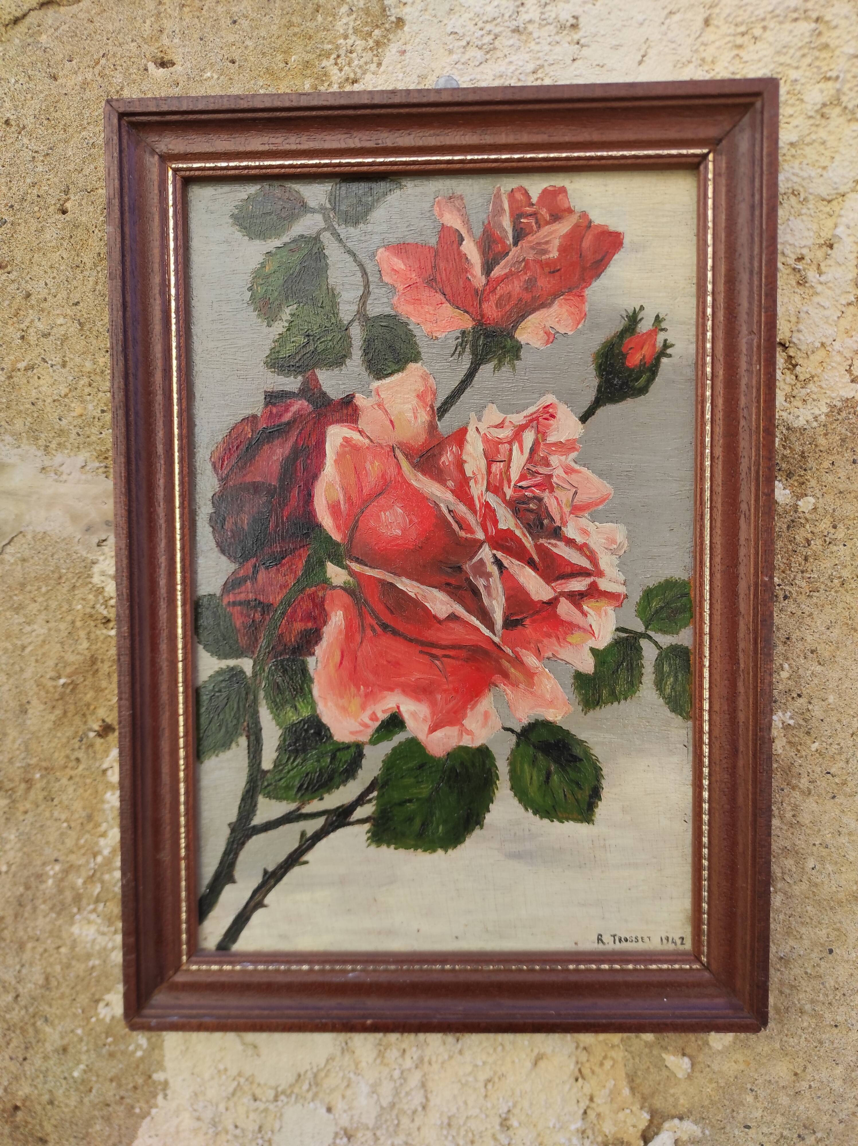 Vintage oil painting of flowers, two roses,  signed Trosset, 1942