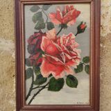 Vintage oil painting of flowers, two roses,  signed Trosset, 1942