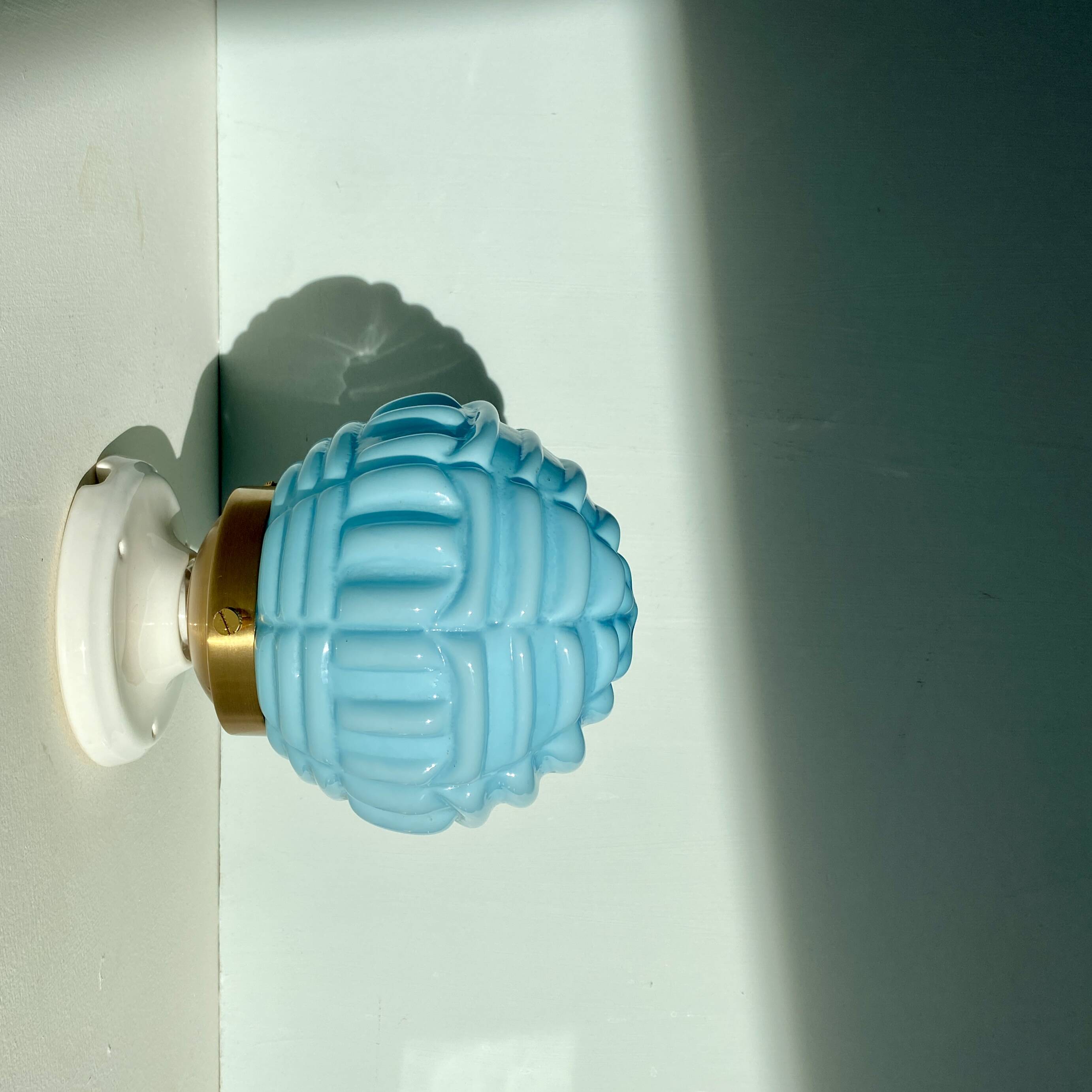 Vintage art deco globe wall lamp in blue opaline