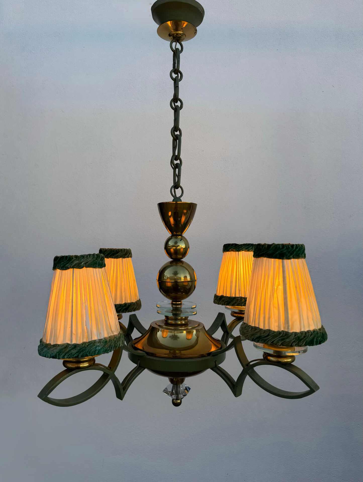 Art Deco brass and glass chandelier