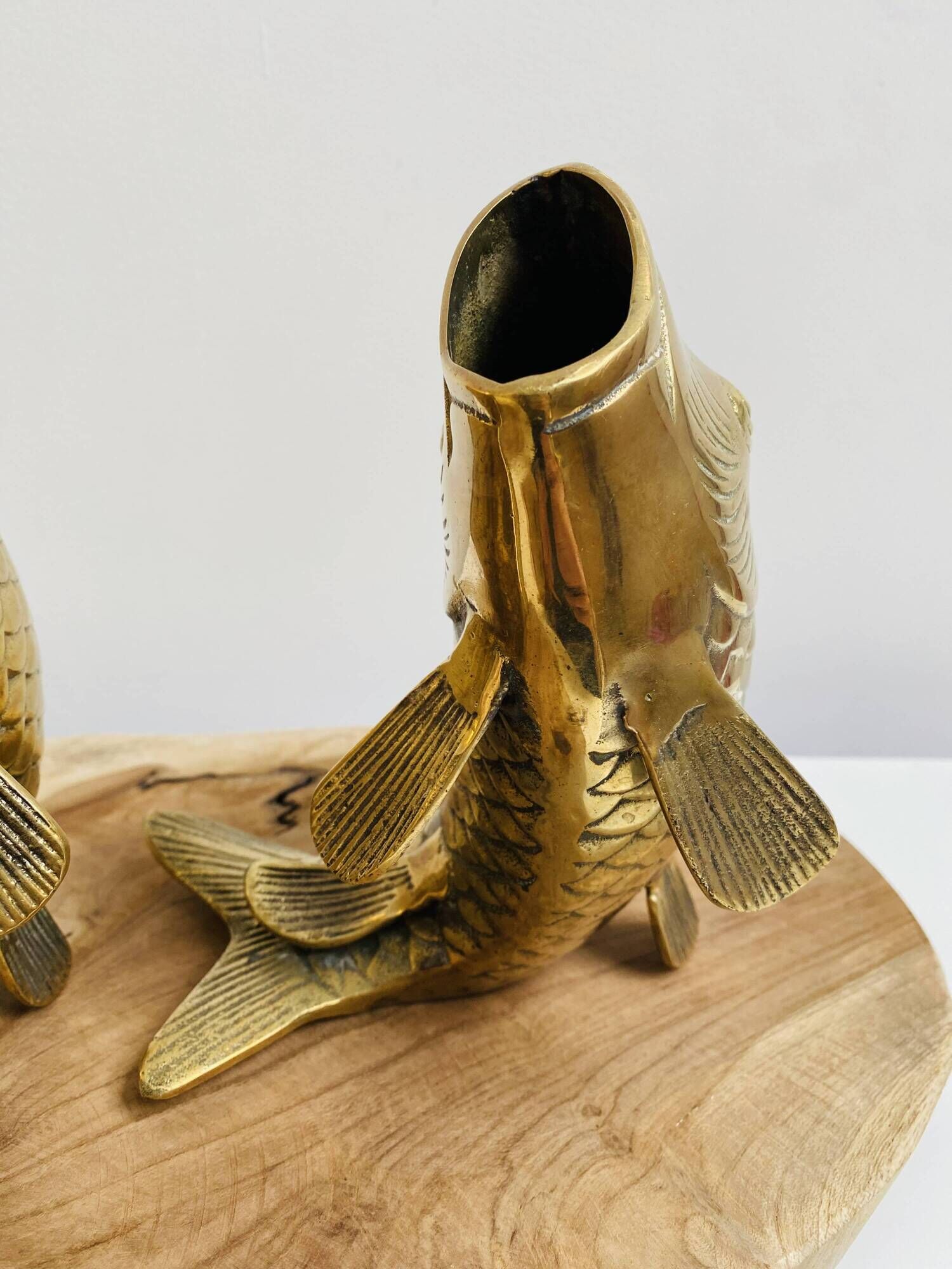 Pair of koi carp vases in brass, animal sculpture