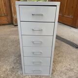 Grey metal industrial chest of drawers, 6 compact drawers, 1980s, utilitarian style.
