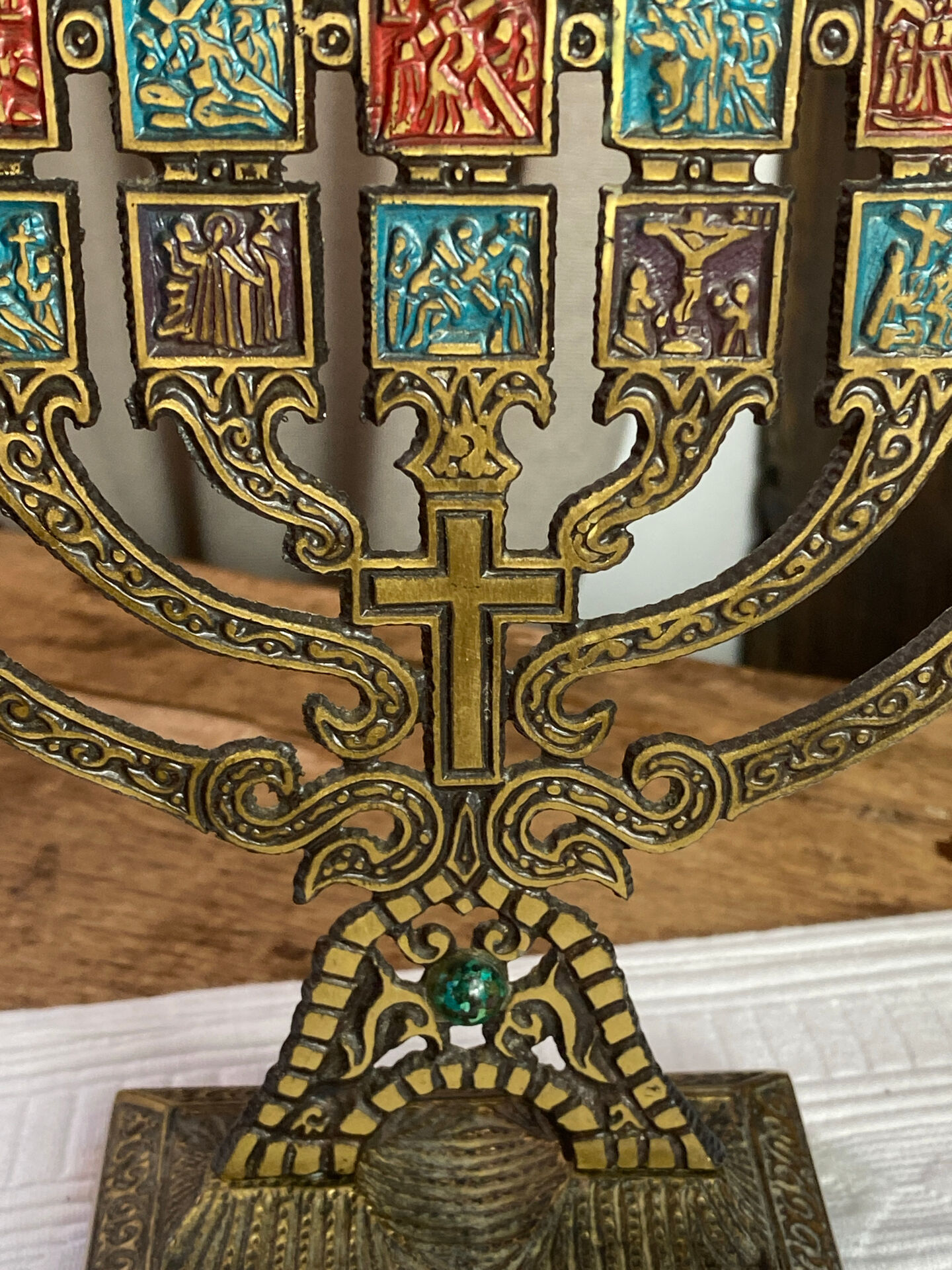 Seven-branched candelabrum, Judeo-Christian, brass and enamel