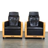 Unique Set of Exceptional Black Leather Schuitema Armchairs with Wood Made for Holland America