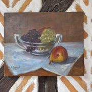 Still life painting, oil on canvas, with a bowl of grapes