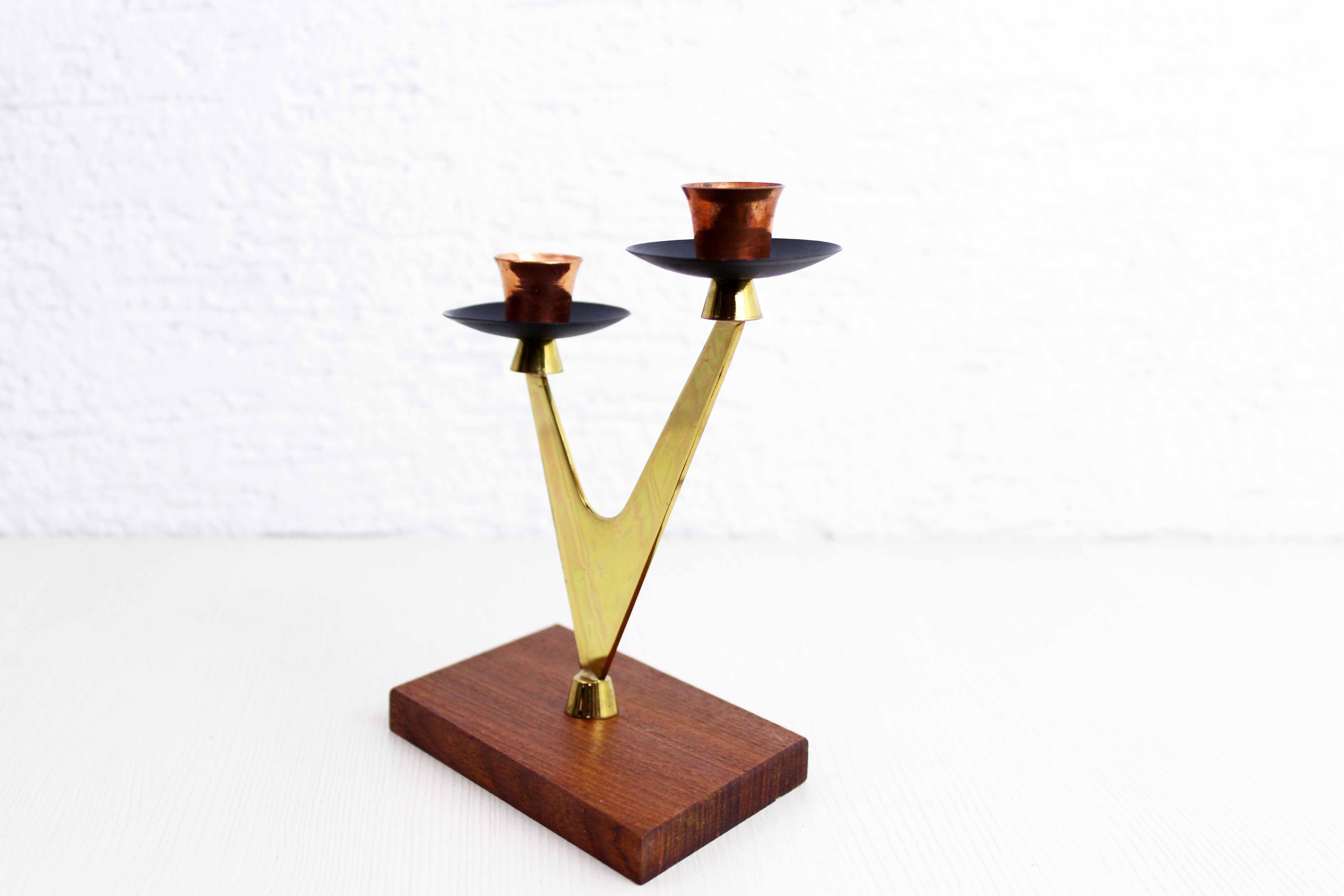 Double teak and brass candle holder