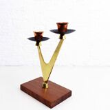Double teak and brass candle holder