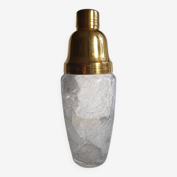 Shaker à cocktail en verre craquelé du milieu du siècle avec détails plaqués or