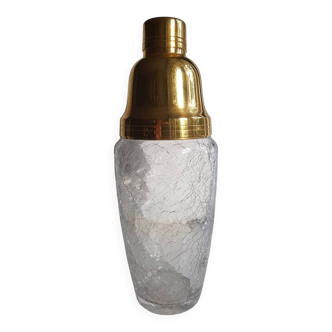 Shaker à cocktail en verre craquelé du milieu du siècle avec détails plaqués or