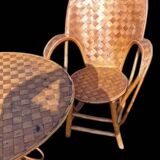 A table and two armchairs in chestnut slats 1970