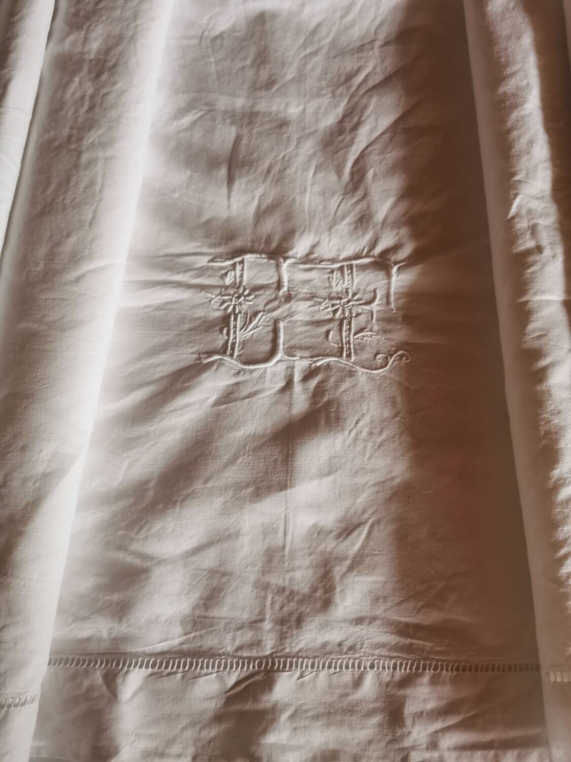 Old large linen sheet monogrammed CP