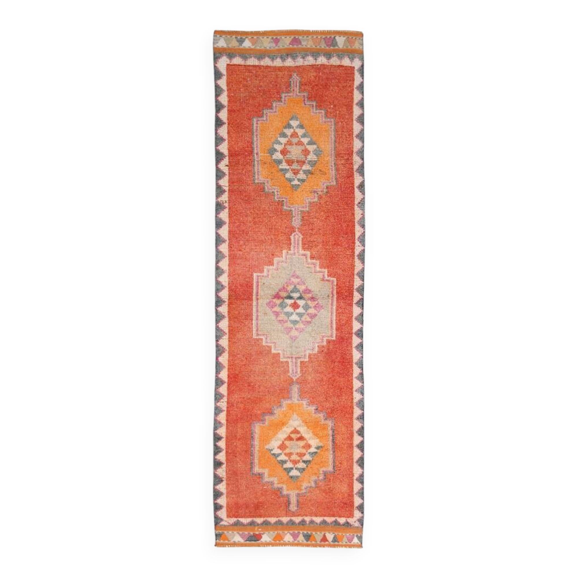 Tapis de couloir noué à la main orange brûlé 3x11, tapis de couloir vintage turc