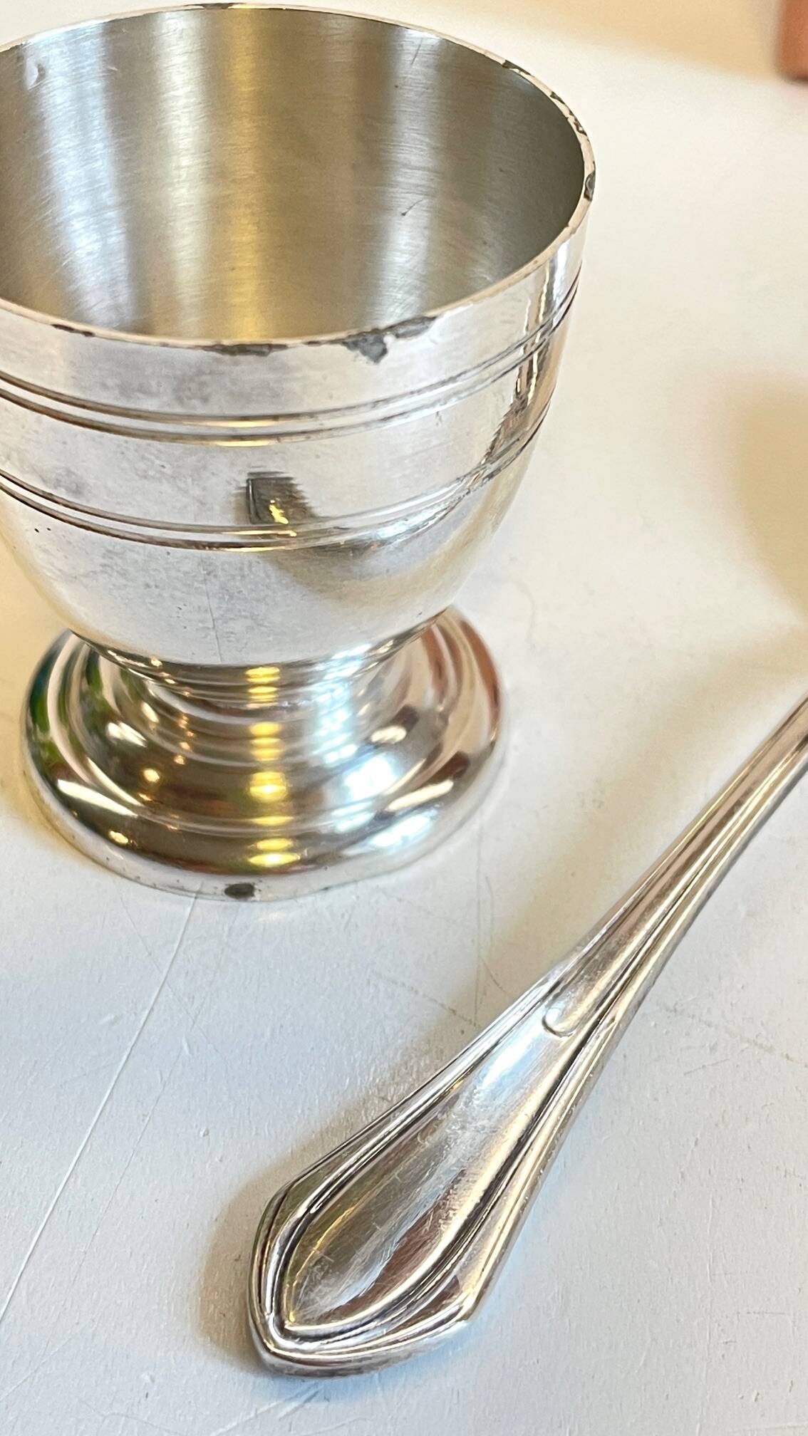 Vintage Silver-Plated Metal Egg Cup and Spoon for Birth