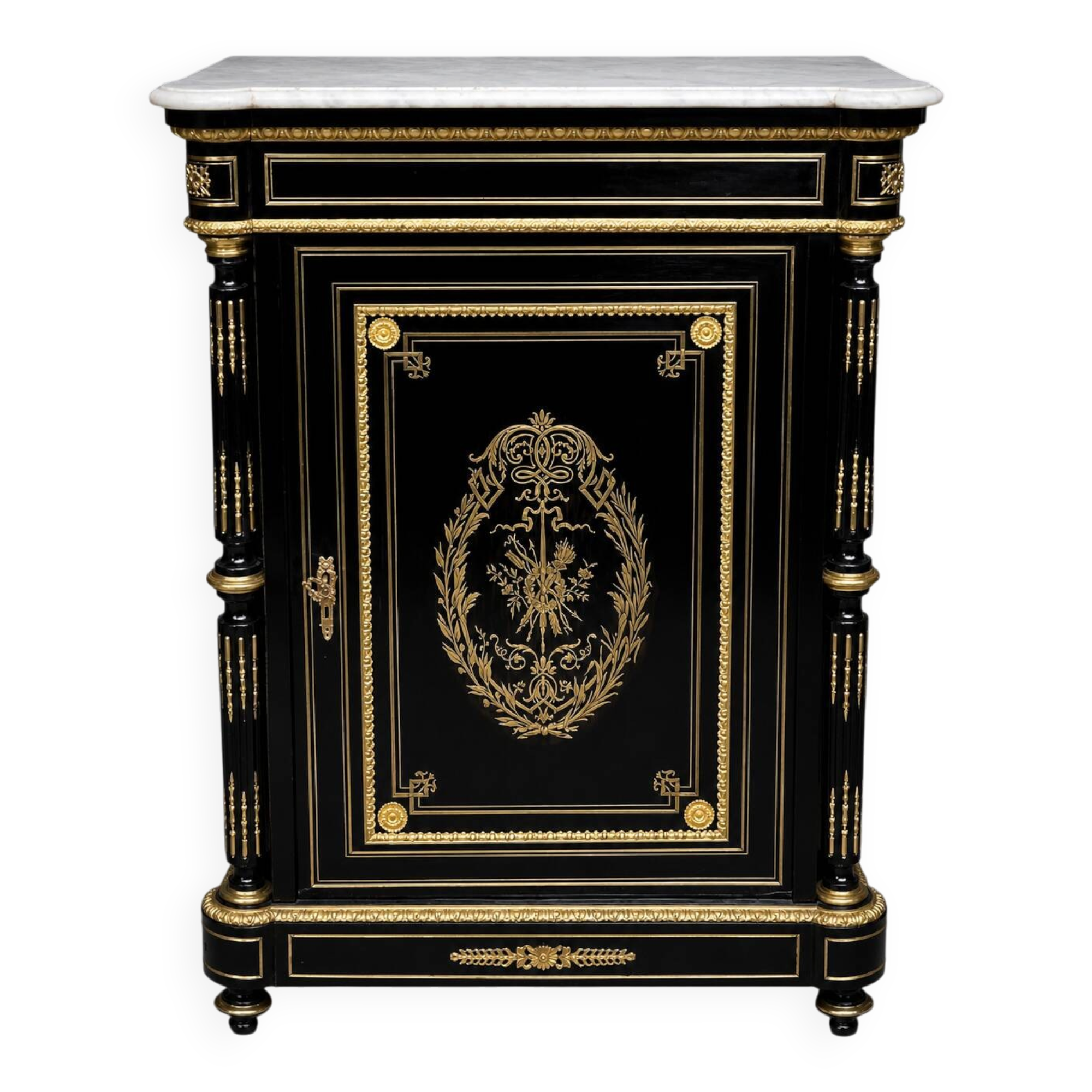 Napoleon III style commode, decorated with brass marquetry and gilded bronze mounts.